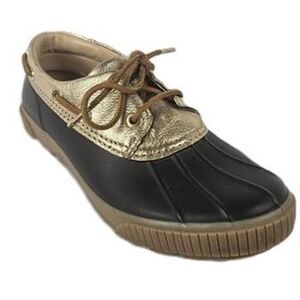 Michael Kors Duck Shoe Women's Size 8 Black Gold Metallic Leather Lace Up Flat